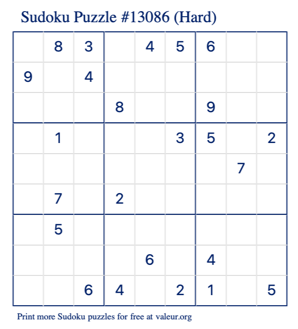 Free Printable Hard Sudoku Puzzle number 13086