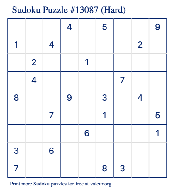 Free Printable Hard Sudoku Puzzle number 13087