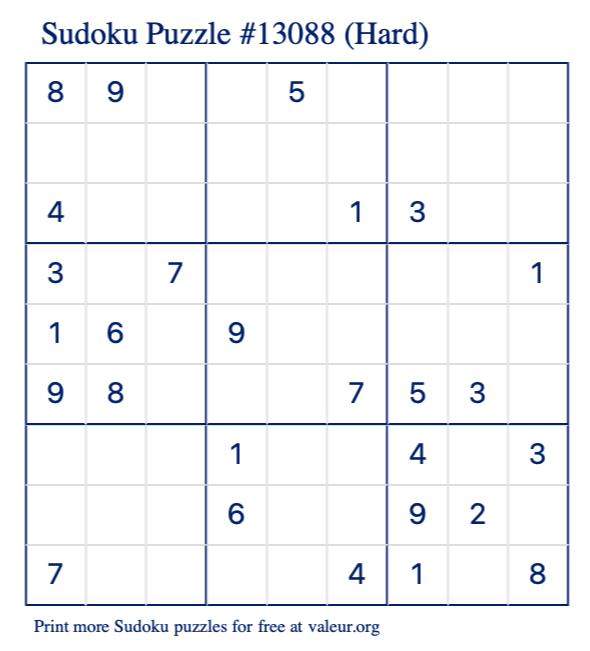 Free Printable Hard Sudoku Puzzle number 13088