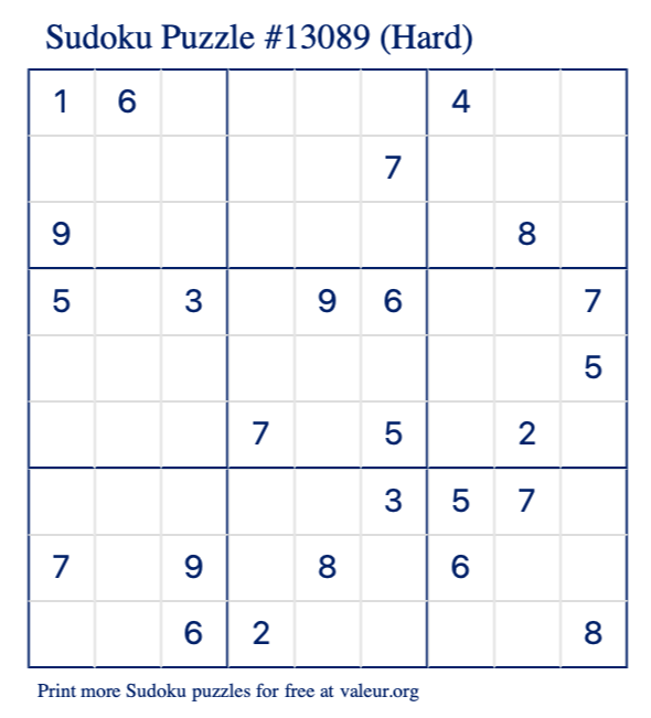 Free Printable Hard Sudoku Puzzle number 13089