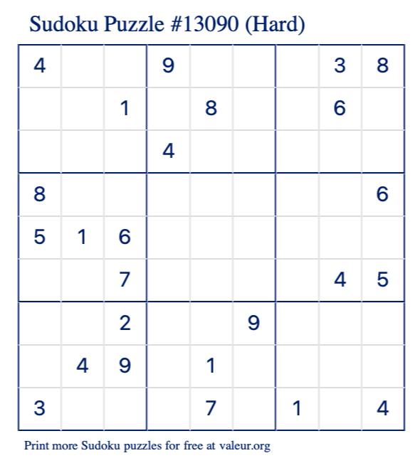 Free Printable Hard Sudoku Puzzle number 13090