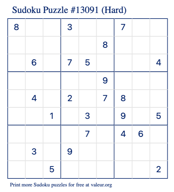 Free Printable Hard Sudoku Puzzle number 13091