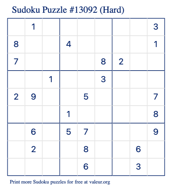 Free Printable Hard Sudoku Puzzle number 13092