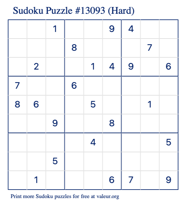 Free Printable Hard Sudoku Puzzle number 13093