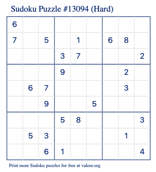 Free Printable Hard Sudoku Puzzle number 13094