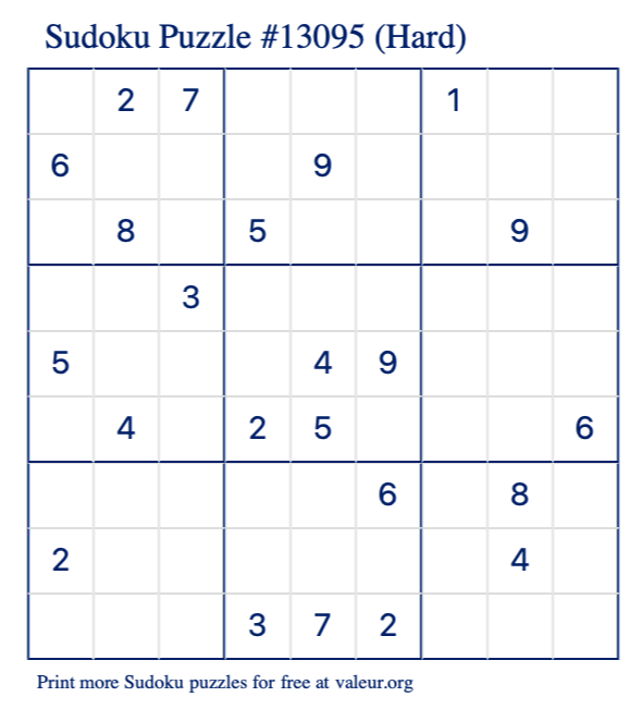 Free Printable Hard Sudoku Puzzle number 13095