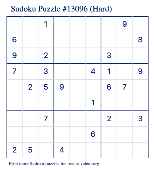 Free Printable Hard Sudoku Puzzle number 13096