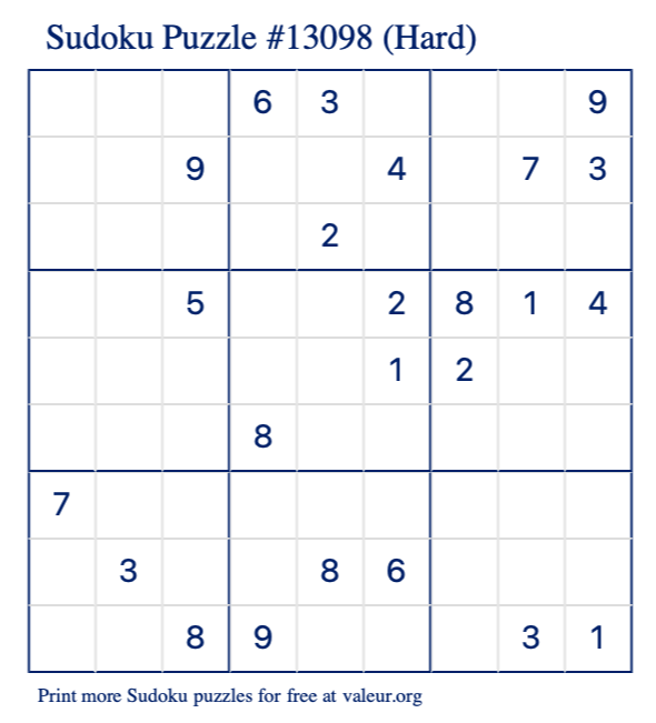 Free Printable Hard Sudoku Puzzle number 13098