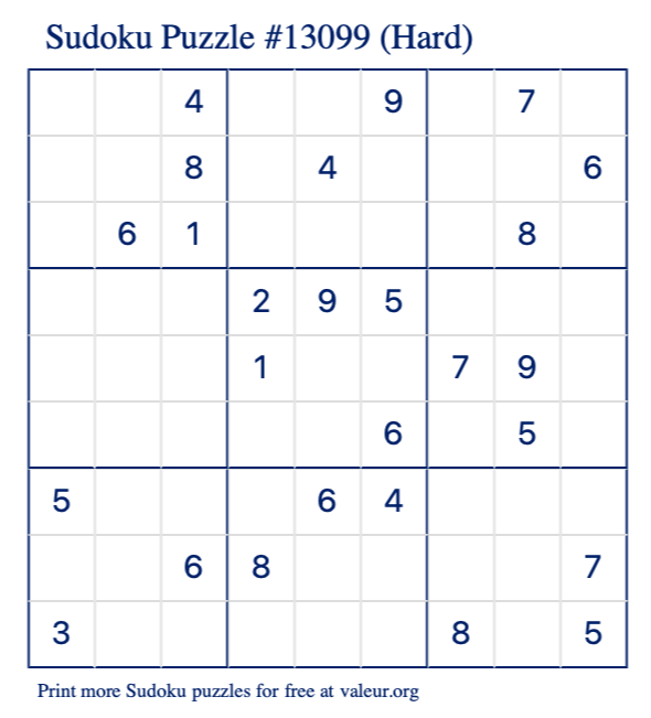 Free Printable Hard Sudoku Puzzle number 13099