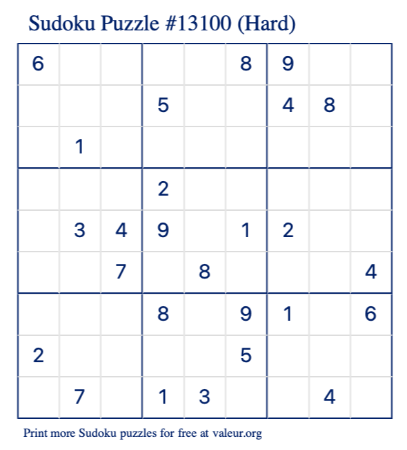 Free Printable Hard Sudoku Puzzle number 13100