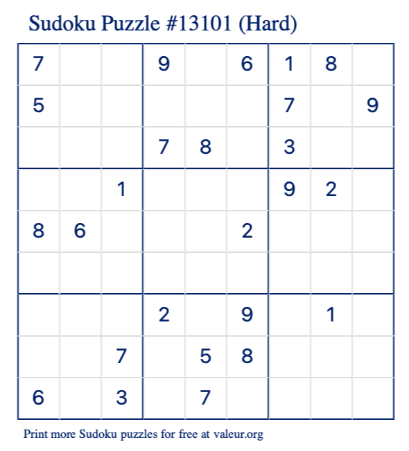 Free Printable Hard Sudoku Puzzle number 13101