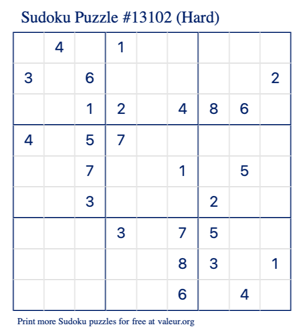 Free Printable Hard Sudoku Puzzle number 13102