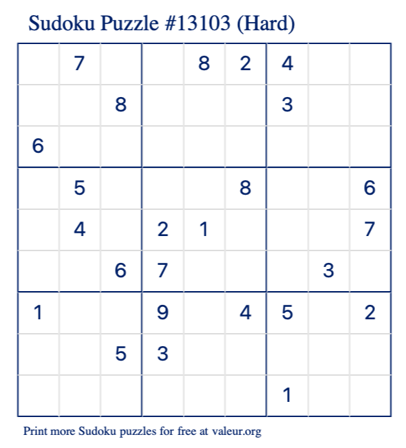 Free Printable Hard Sudoku Puzzle number 13103