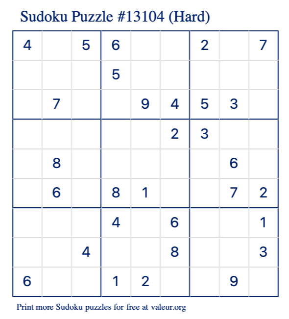 Free Printable Hard Sudoku Puzzle number 13104