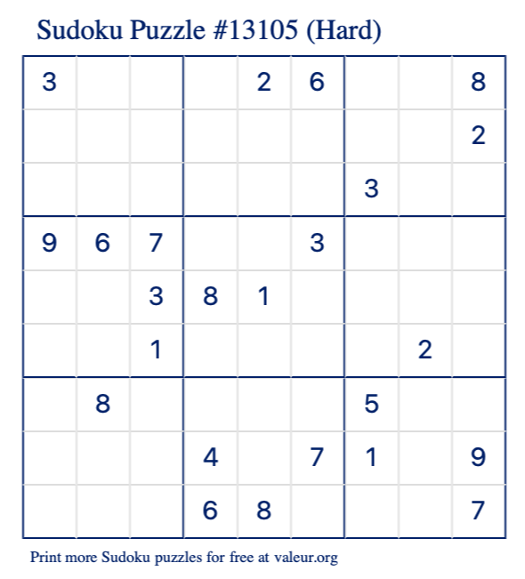 Free Printable Hard Sudoku Puzzle number 13105