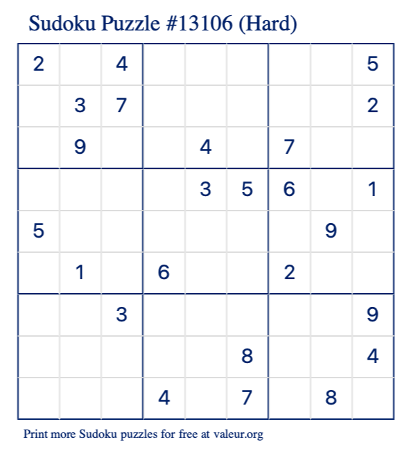 Free Printable Hard Sudoku Puzzle number 13106