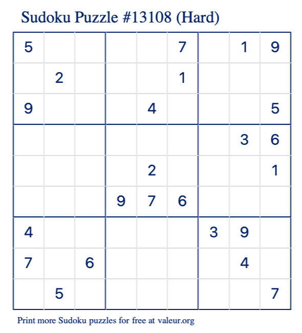 Free Printable Hard Sudoku Puzzle number 13108