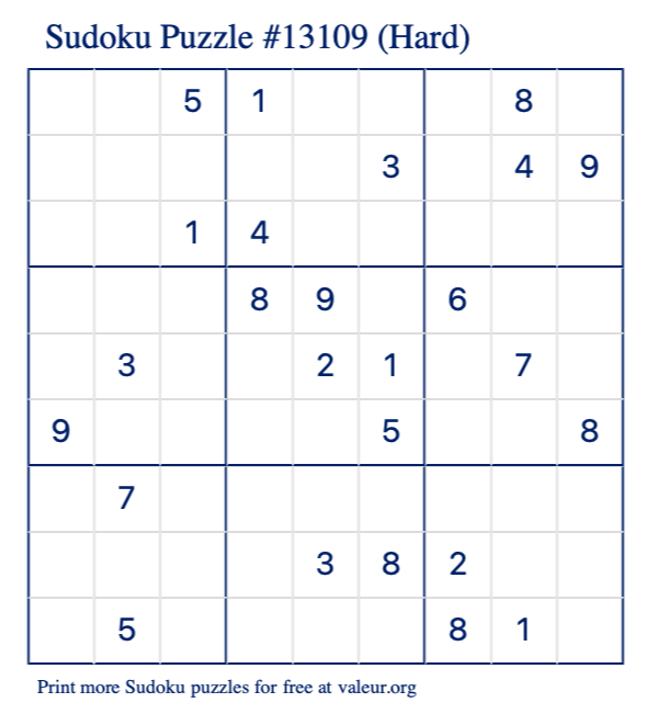 Free Printable Hard Sudoku Puzzle number 13109