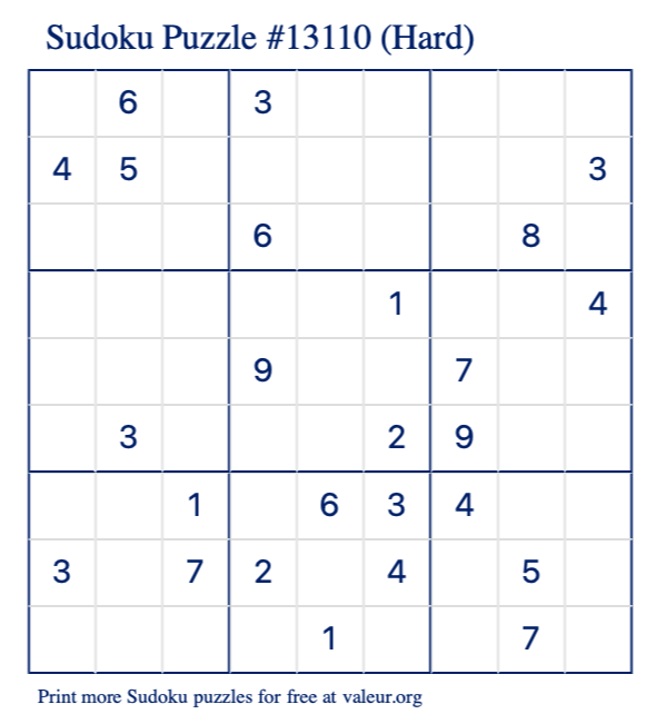 Free Printable Hard Sudoku Puzzle number 13110