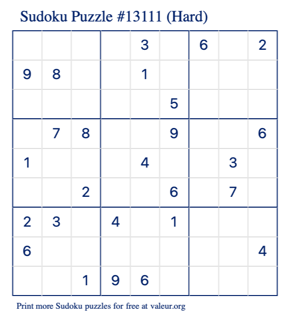 Free Printable Hard Sudoku Puzzle number 13111