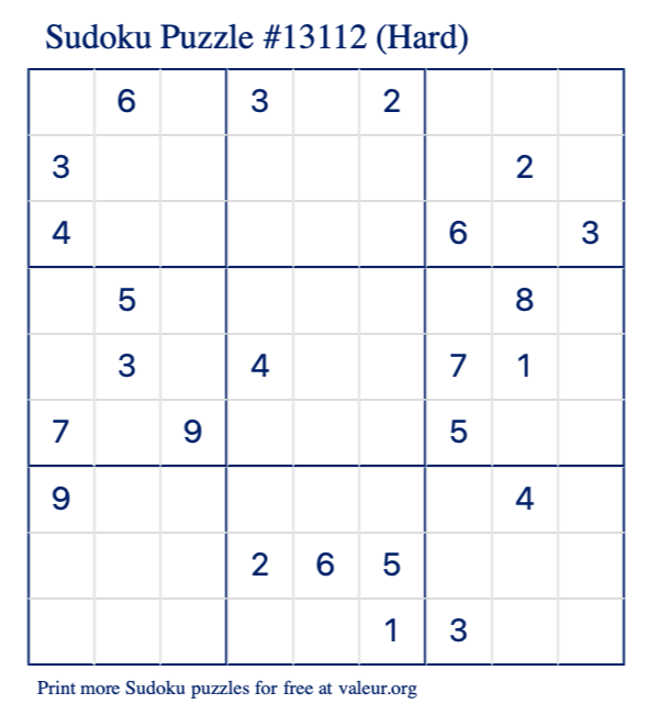 Free Printable Hard Sudoku Puzzle number 13112