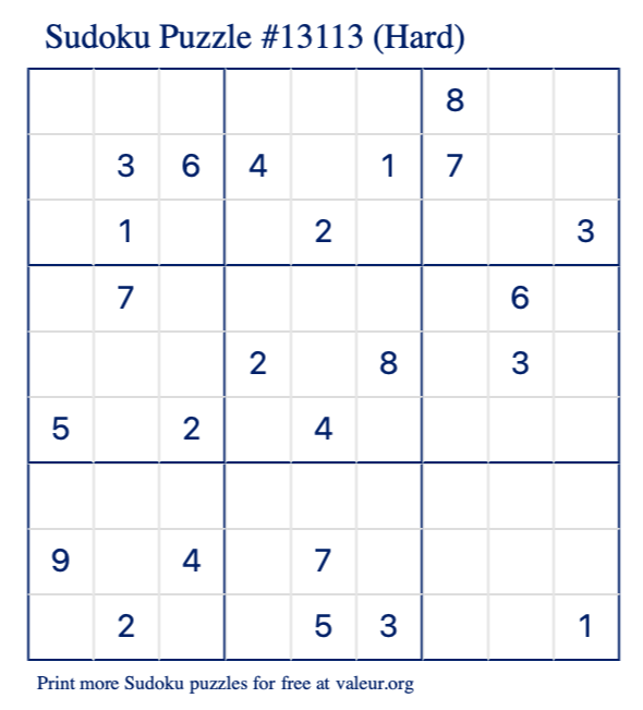 Free Printable Hard Sudoku Puzzle number 13113