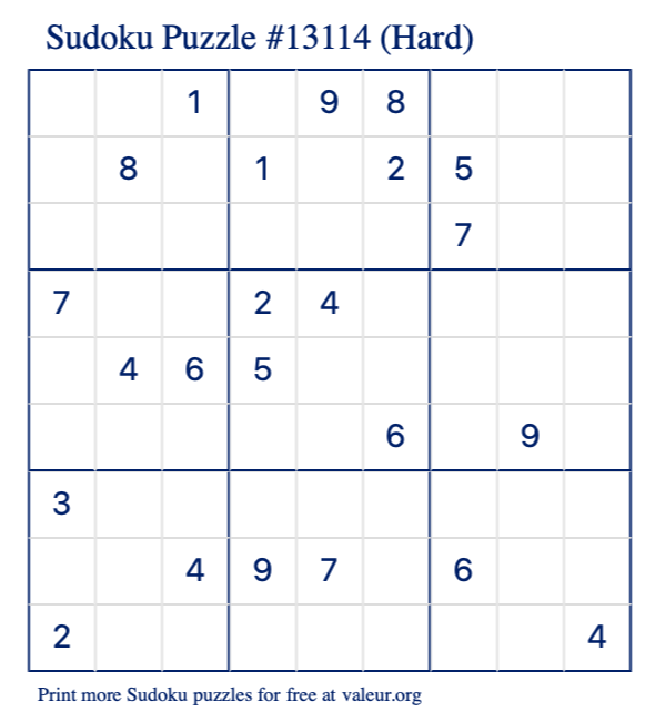 Free Printable Hard Sudoku Puzzle number 13114