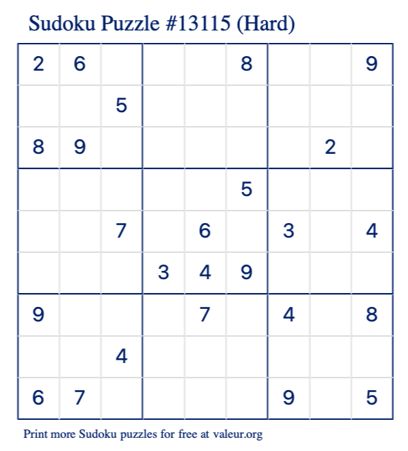 Free Printable Hard Sudoku Puzzle number 13115