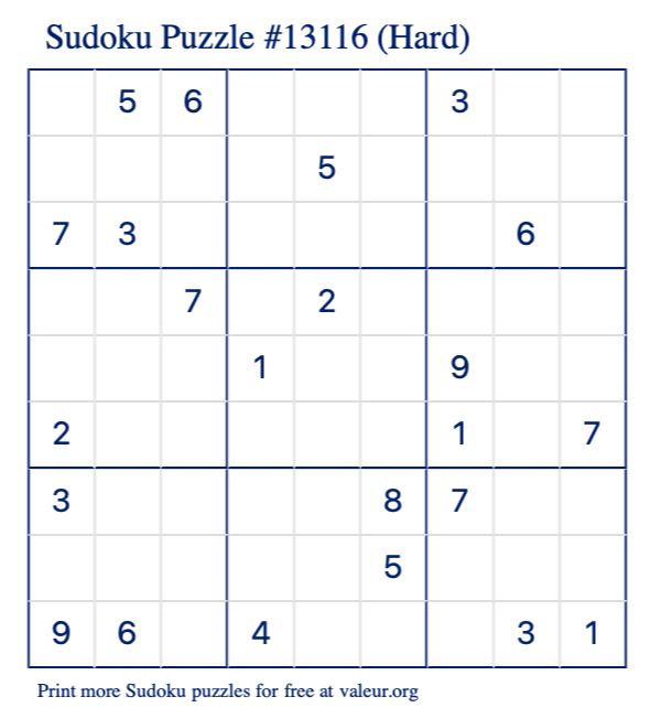 Free Printable Hard Sudoku Puzzle number 13116