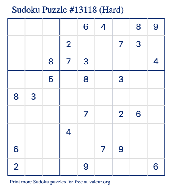 Free Printable Hard Sudoku Puzzle number 13118