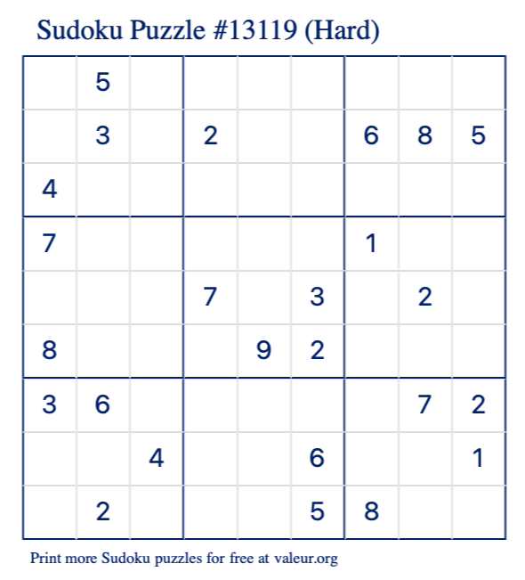 Free Printable Hard Sudoku Puzzle number 13119