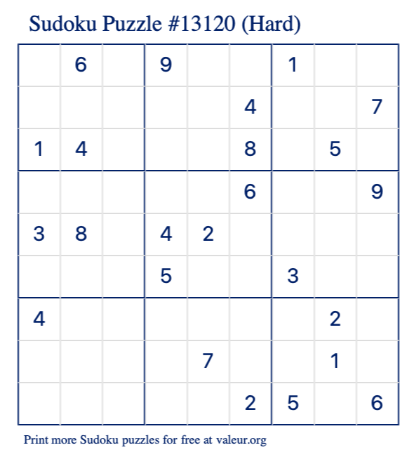 Free Printable Hard Sudoku Puzzle number 13120