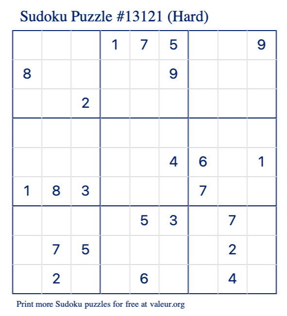 Free Printable Hard Sudoku Puzzle number 13121