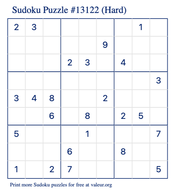 Free Printable Hard Sudoku Puzzle number 13122