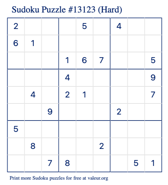 Free Printable Hard Sudoku Puzzle number 13123