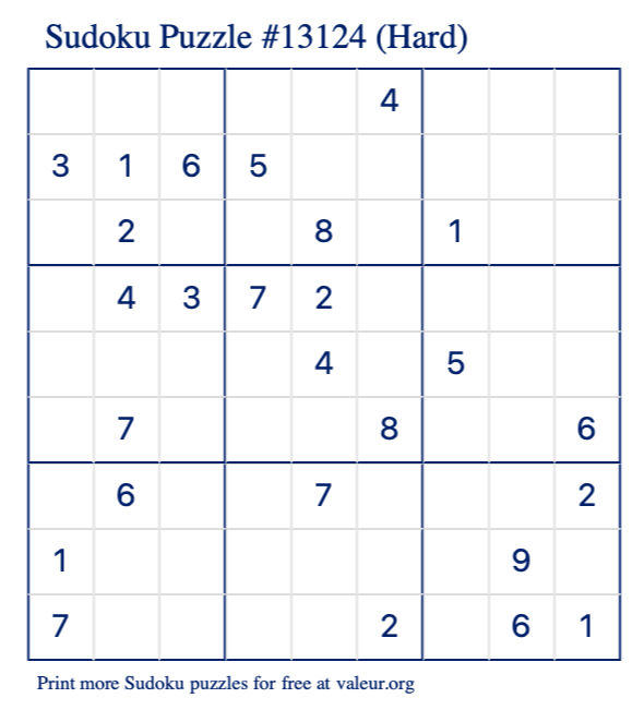 Free Printable Hard Sudoku Puzzle number 13124