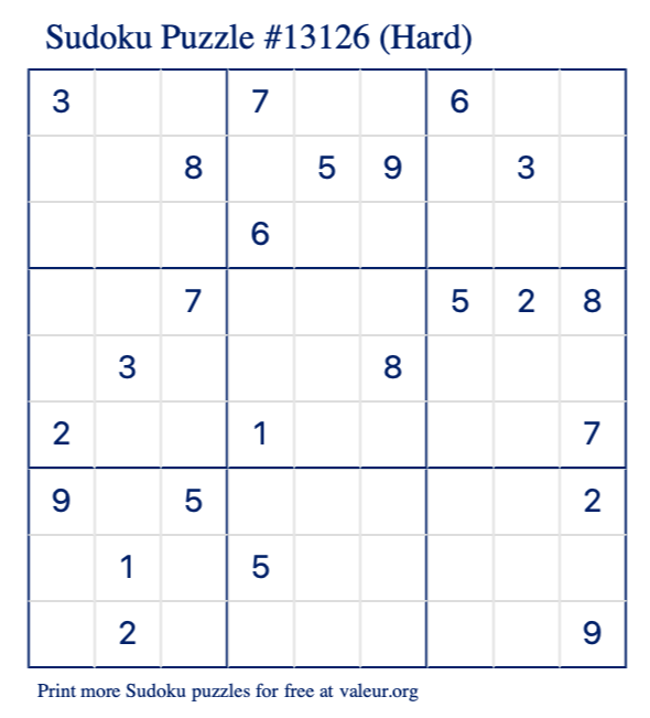 Free Printable Hard Sudoku Puzzle number 13126