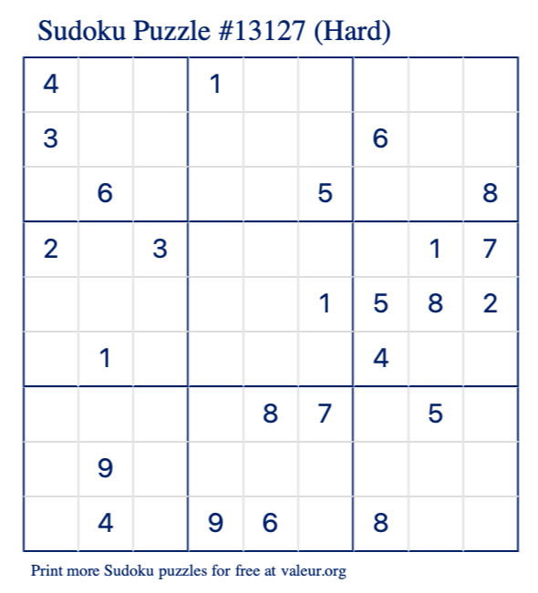 Free Printable Hard Sudoku Puzzle number 13127