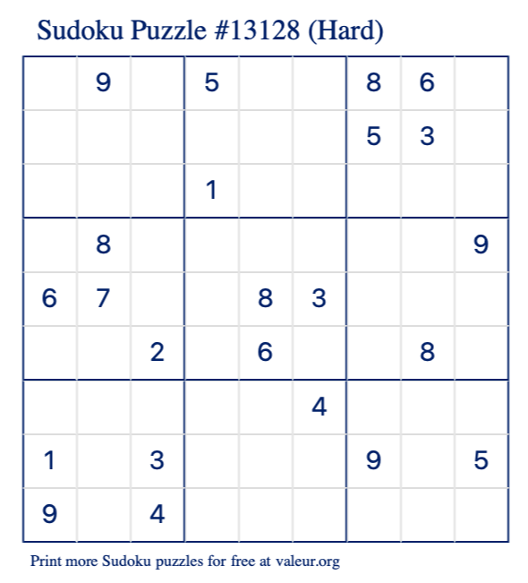 Free Printable Hard Sudoku Puzzle number 13128