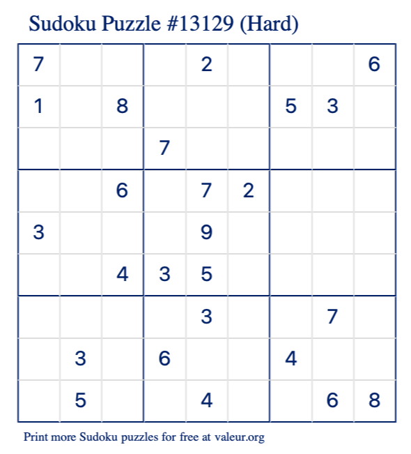 Free Printable Hard Sudoku Puzzle number 13129
