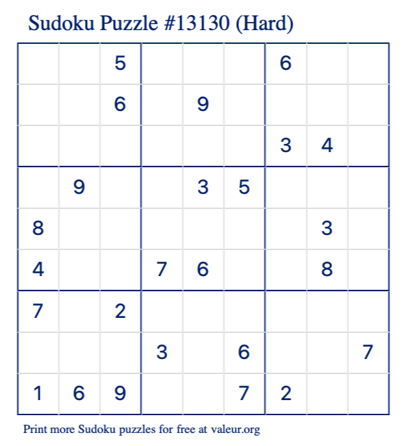 Free Printable Hard Sudoku Puzzle number 13130