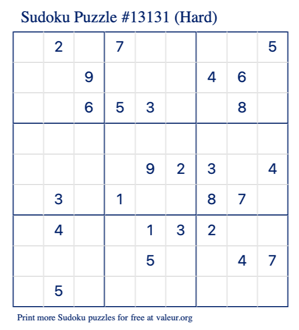 Free Printable Hard Sudoku Puzzle number 13131