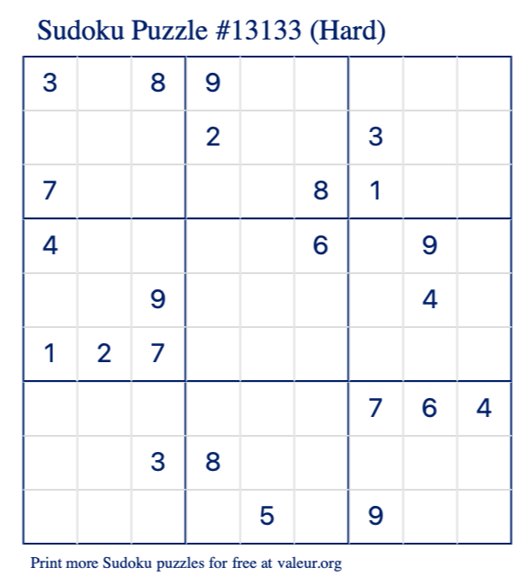 Free Printable Hard Sudoku Puzzle number 13133