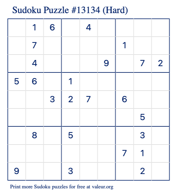 Free Printable Hard Sudoku Puzzle number 13134