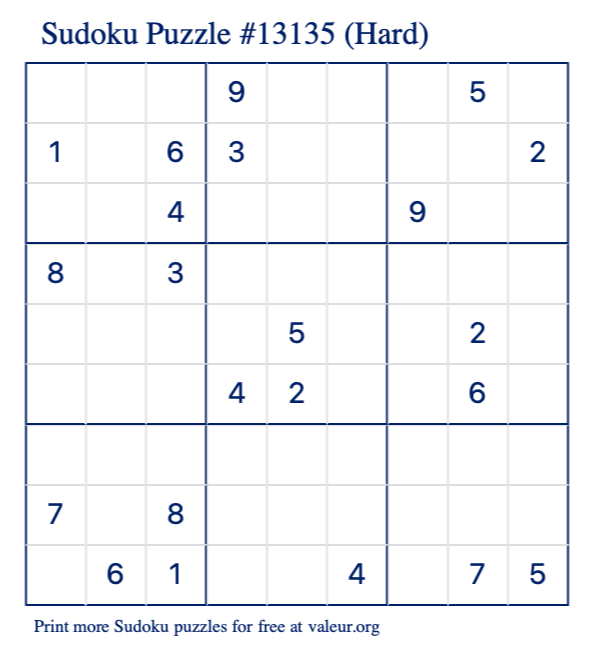 Free Printable Hard Sudoku Puzzle number 13135