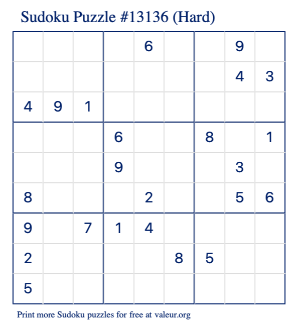 Free Printable Hard Sudoku Puzzle number 13136