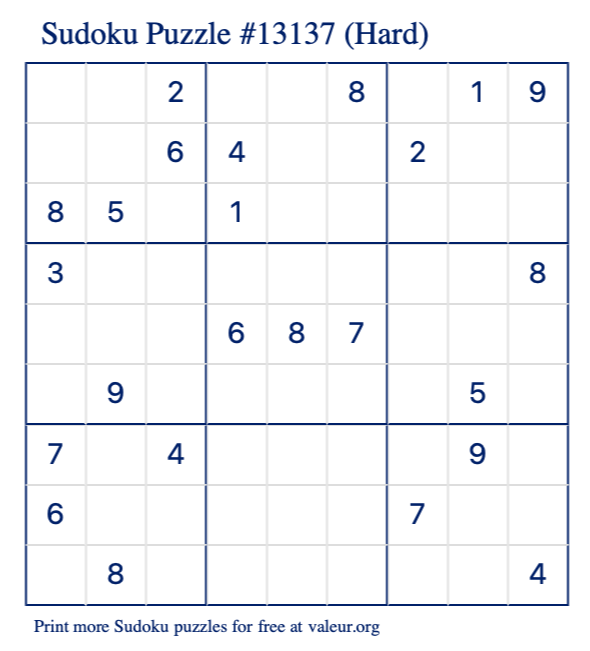 Free Printable Hard Sudoku Puzzle number 13137