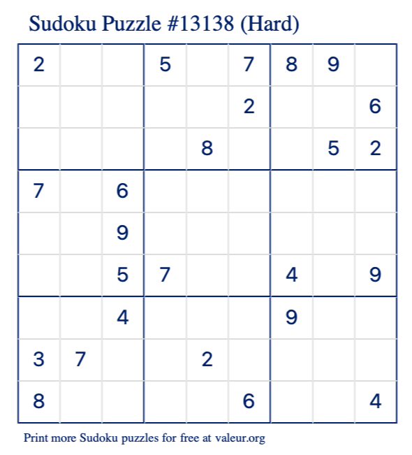 Free Printable Hard Sudoku Puzzle number 13138