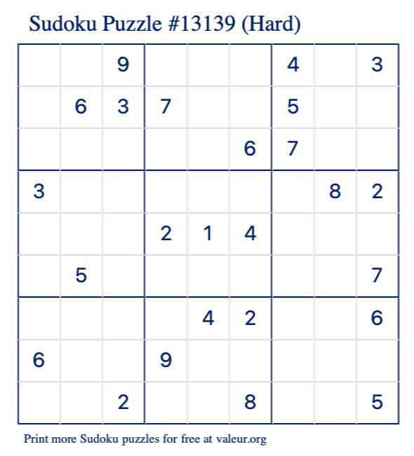 Free Printable Hard Sudoku Puzzle number 13139