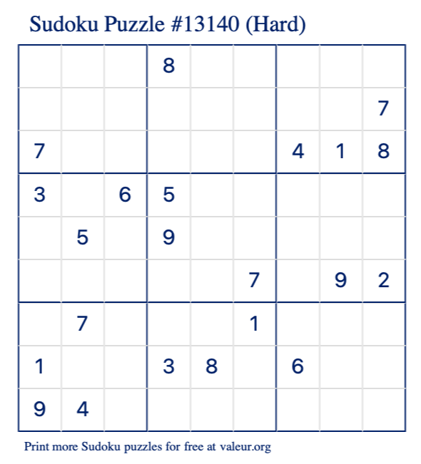 Free Printable Hard Sudoku Puzzle number 13140